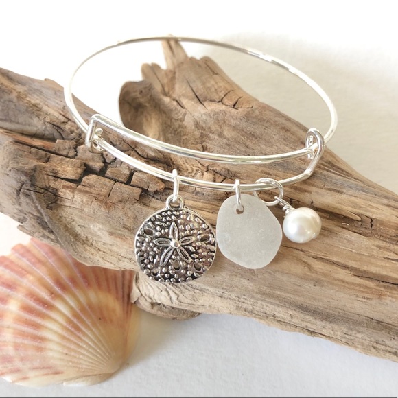 Artisan Jewelry - Adjustable Genuine White Sea Glass Bangle Bracelet